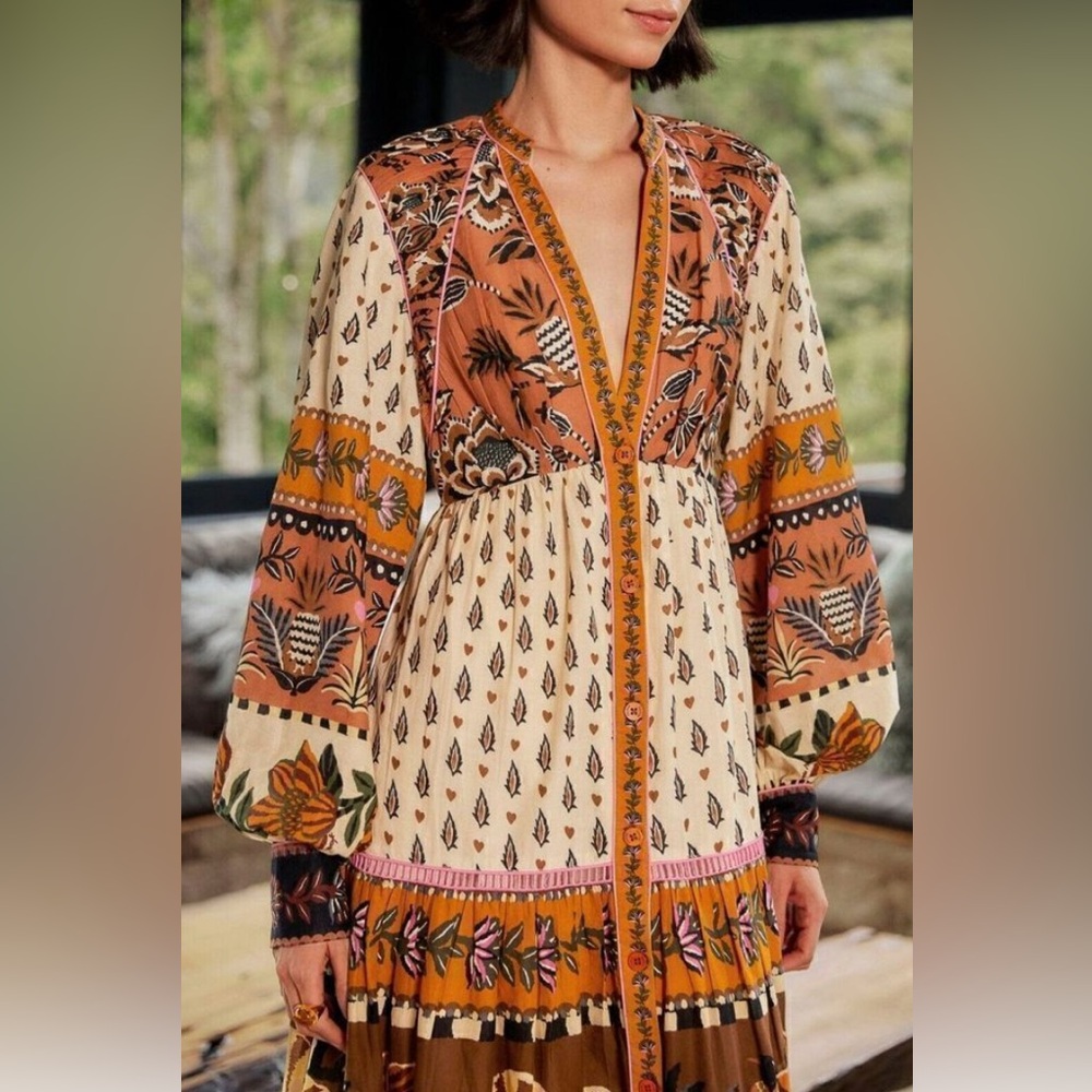 🤎🧡🤍NWOT Farm Rio 100% cotton Ainika Flowers Beige Midi